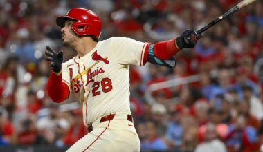 Sep 20, 2025; St. Louis, Missouri, USA; St. Louis Cardinals third baseman Nolan Arenado (28) hits a one run single against the Milwaukee Brewers during the fourth inning at Busch Stadium.