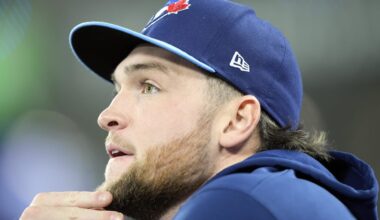 Oct 31, 2025; Toronto, Ontario, CAN; Toronto Blue Jays pitcher Trey Yesavage (39) looks on before game six of the 2025 MLB World Series against the Los Angeles Dodgers at Rogers Centre. Mandatory Credit: John E. Sokolowski-Imagn Images