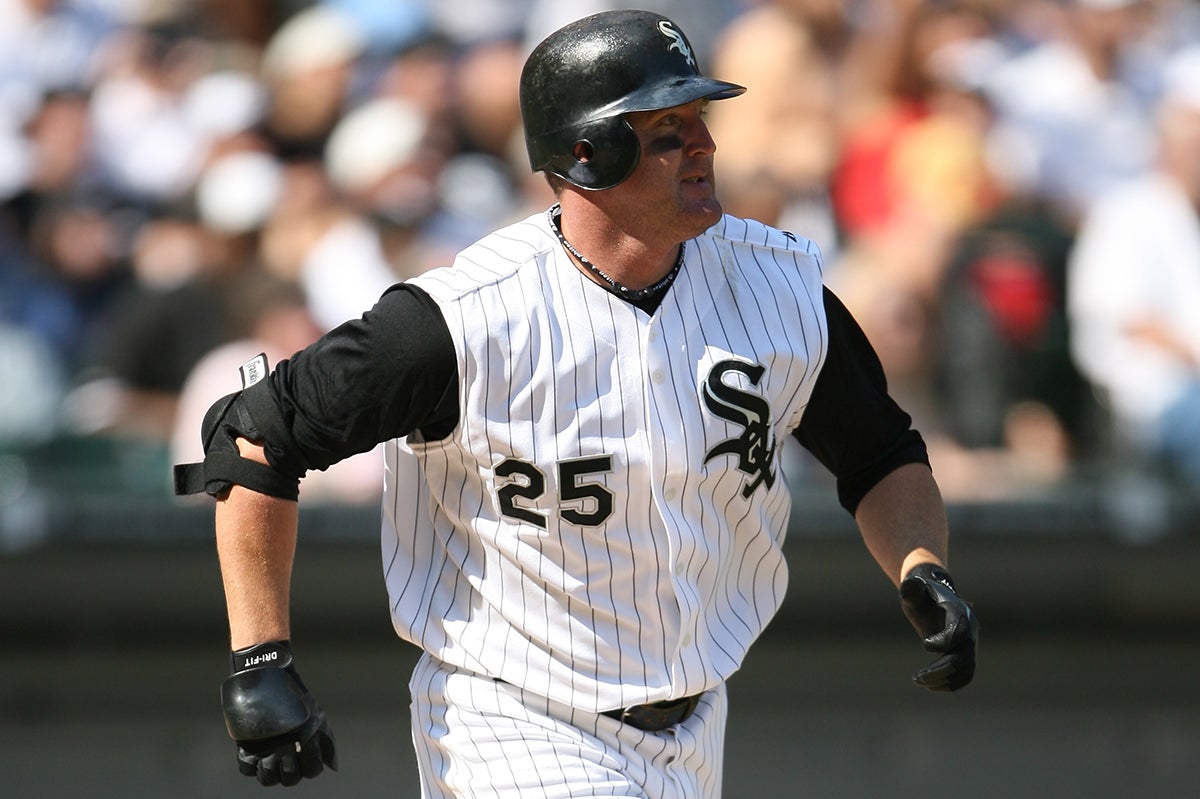 Jim Thome in sleeveless pinstripe White Sox jersey