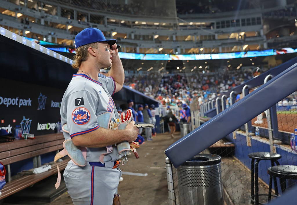 Pete Alonso in the dugout after the New York Mets lost to the Miami Marlins.