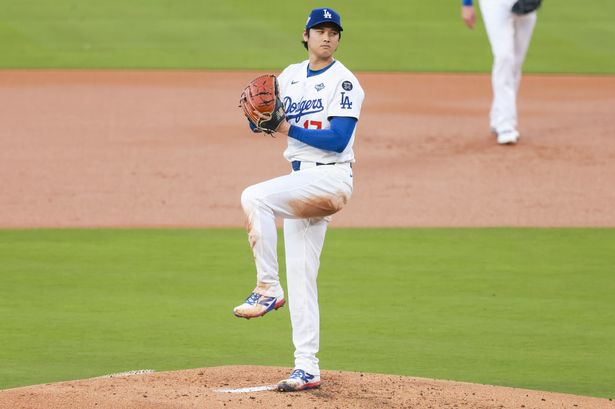 Los Angeles Dodgers pitcher Shohei Ohtani in his wind up during the 2025 World Series