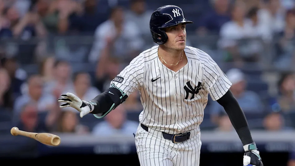 Jul 29, 2025; Bronx, New York, USA; New York Yankees right fielder Cody Bellinger (35) tosses his bat as he watches his three run home run against the Tampa Bay Rays during the third inning at Yankee Stadium. 