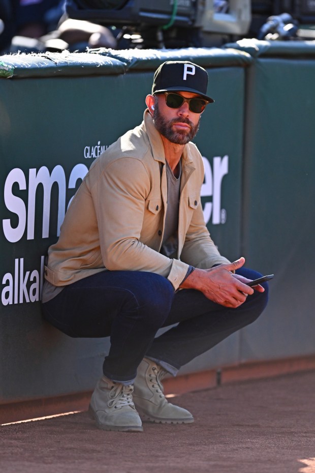 Miami Marlins assistant general manager Gabe Kapler spends time on the field before their MLB game against the Oakland Athletics at the Coliseum in Oakland, Calif., on Friday, May 3, 2024. (Jose Carlos Fajardo/Bay Area News Group)