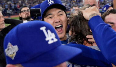 Los Angeles Dodgers pitcher Shohei Ohtani celebrates after their win against the Toronto Blue Jays in Game 7 of baseball