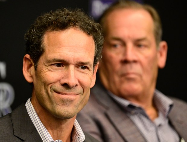 Colorado Rockies new President of Baseball Operations Paul DePodesta, left, and Rockies owner Dick Monfort during DePodesta's introductory press conference at Coors Field in Denver on Thursday, Nov. 13, 2025. (Photo by Andy Cross/The Denver Post)
