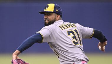 FILE - Milwaukee Brewers pitcher Joel Payamps (31) throws to home plate during the eighth inning of a baseball game against the Tampa Bay Rays, May 11, 2025, in Tampa, Fla. (AP Photo/Phelan M. Ebenhack, File)