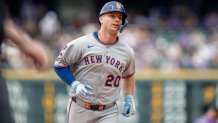 Jun 8, 2025; Denver, Colorado, USA; New York Mets first baseman Pete Alonso (20) rounds the bases on a two run home run in the eighth inning against the Colorado Rockies at Coors Field. Mandatory Credit: Isaiah J. Downing-Imagn Images