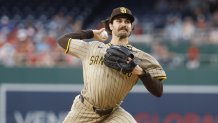 Jul 18, 2025; Washington, District of Columbia, USA; San Diego Padres starting pitcher Dylan Cease (84) pitches against the Washington Nationals during the first inning at Nationals Park. Mandatory Credit: Geoff Burke-Imagn Images