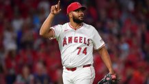 Sep 26, 2025; Anaheim, California, USA; Los Angeles Angels pitcher Kenley Jansen (74) celebrates the victory against the Houston Astros at Angel Stadium. Mandatory Credit: Gary A. Vasquez-Imagn Images