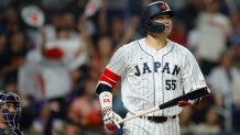 Mar 21, 2023; Miami, Florida, USA; Japan third baseman Munetaka Murakami (55) looks on after hitting a home run during the second inning against USA at LoanDepot Park. Mandatory Credit: Sam Navarro-USA TODAY Sports
