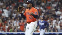 May 30, 2025; Houston, Texas, USA; Houston Astros starting pitcher Framber Valdez (59) reacts after pitching during the ninth inning against the Tampa Bay Rays at Daikin Park. Mandatory Credit: Troy Taormina-Imagn Images