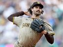 Dylan Cease of the San Diego Padres pitches during the first inning against the Mariners at T-Mobile Park on August 26, 2025 in Seattle.
