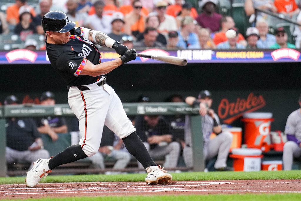 Baltimore Orioles outfielder Tyler O'Neill (9) homers in the first inning of a game against the Colorado Rockies at Oriole Park at Camden Yards in Baltimore, Md. on Friday, July 25, 2025.