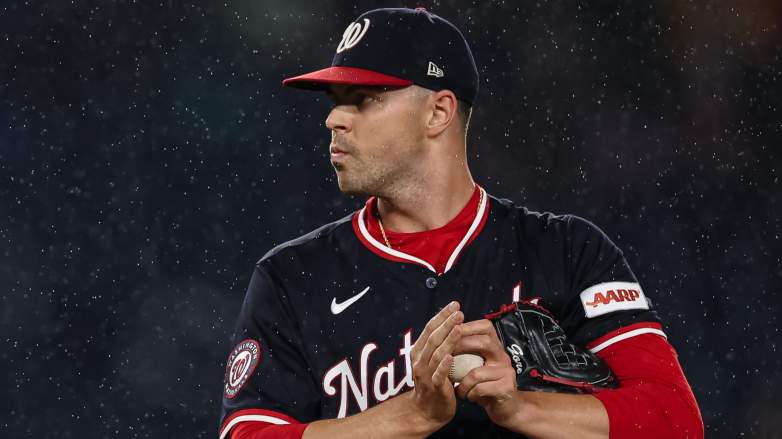 WASHINGTON, DC - SEPTEMBER 16: MacKenzie Gore #1 of the Washington Nationals pitches against the Atlanta Braves during the first inning in game two of a split doubleheader at Nationals Park on September 16, 2025 in Washington, DC. (Photo by Scott Taetsch/Getty Images)