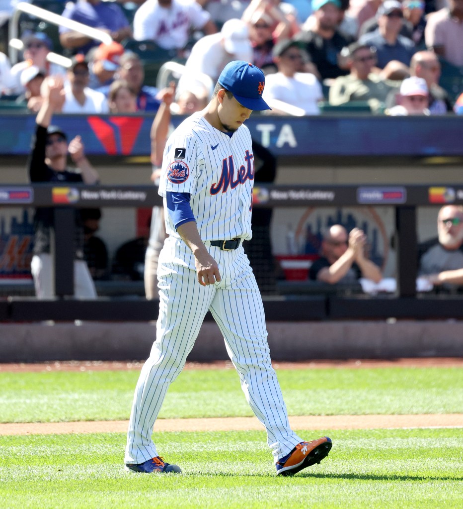 New York Mets pitcher Kodai Senga (34) reacts on the field during the fourth inning when the New York Mets played the Miami Marlins Sunday, August 31, 2025 at Citi Field in Queens, NY. 
