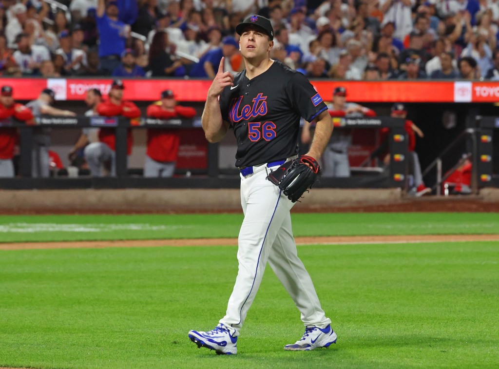 Ryan Helsley of the New York Mets reacts after ending the seventh inning when the New York Mets played the Washington Nationals Friday, September 19, 2025 at Citi Field in Queens, NY. 