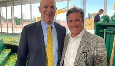 MGM Resorts International President and CEO Bill Hornbuckle is shown with Athletics owner John ...