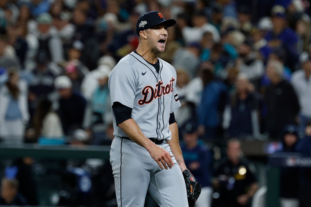 Jack Flaherty #9 of the Detroit Tigers celebrates after retiring the side against the Seattle Mariners during the thirteenth inning in game five of the American League Division Series at T-Mobile Park on October 10, 2025 in Seattle, Washington. 