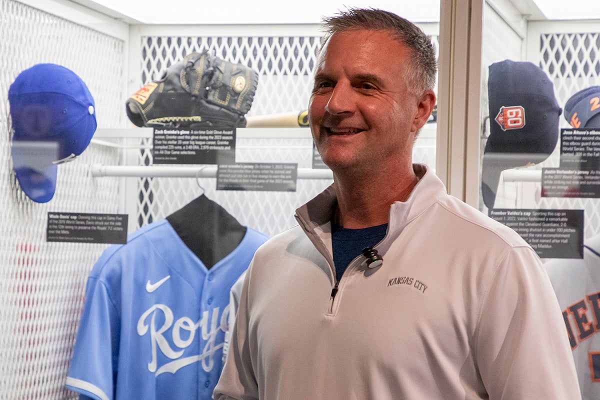 Matt Quatraro at Royals locker in Your Team Today exhibit