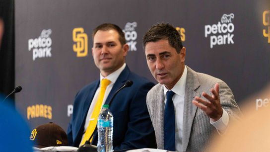 Padres General Manager A.J. Preller speaks to media as Craig Stammen is introduced as the new Padres manager, Monday November 10, 2025 in San Diego, Calif.