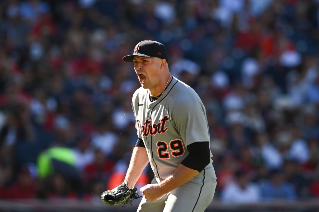 Tarik Skubal, pitcher for the Detroit Tigers, shouts in celebration after a strikeout.