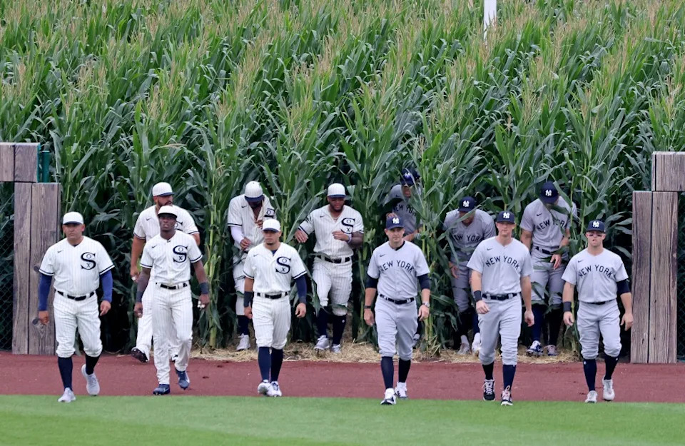 The Yankees and White Sox walk onto the field through the corn stalks in the outfield at the beginning of the MLB’s “Field of Dreams” game in 2021. Charles Wenzelberg / New York Post