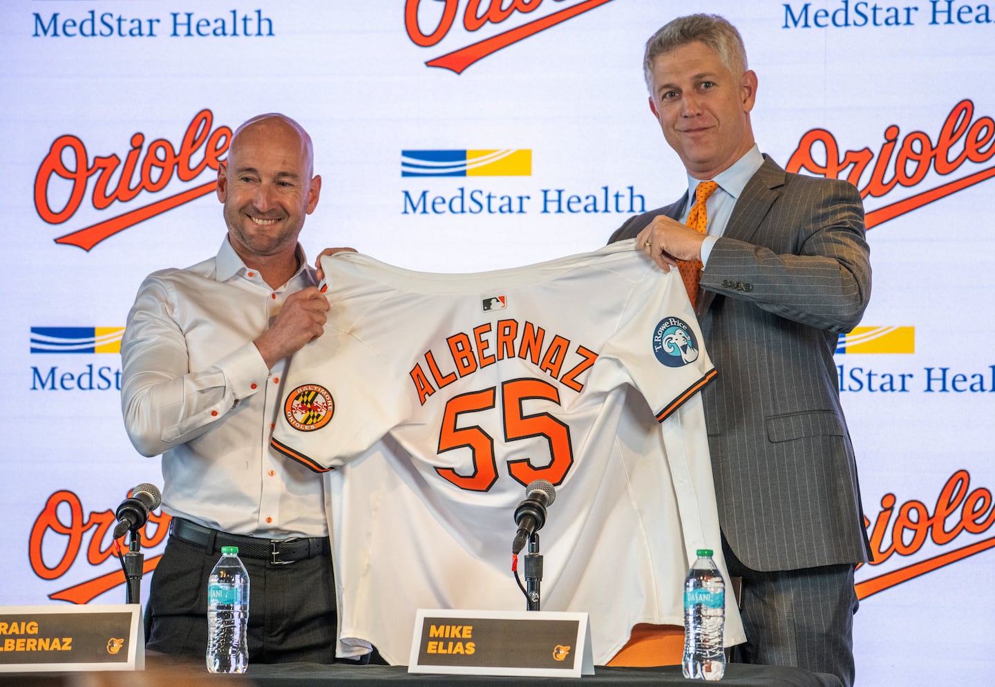 Orioles general manager Mike Elias (right) hopes Somerset's Craig Albernaz (left) can get his team back on track.
