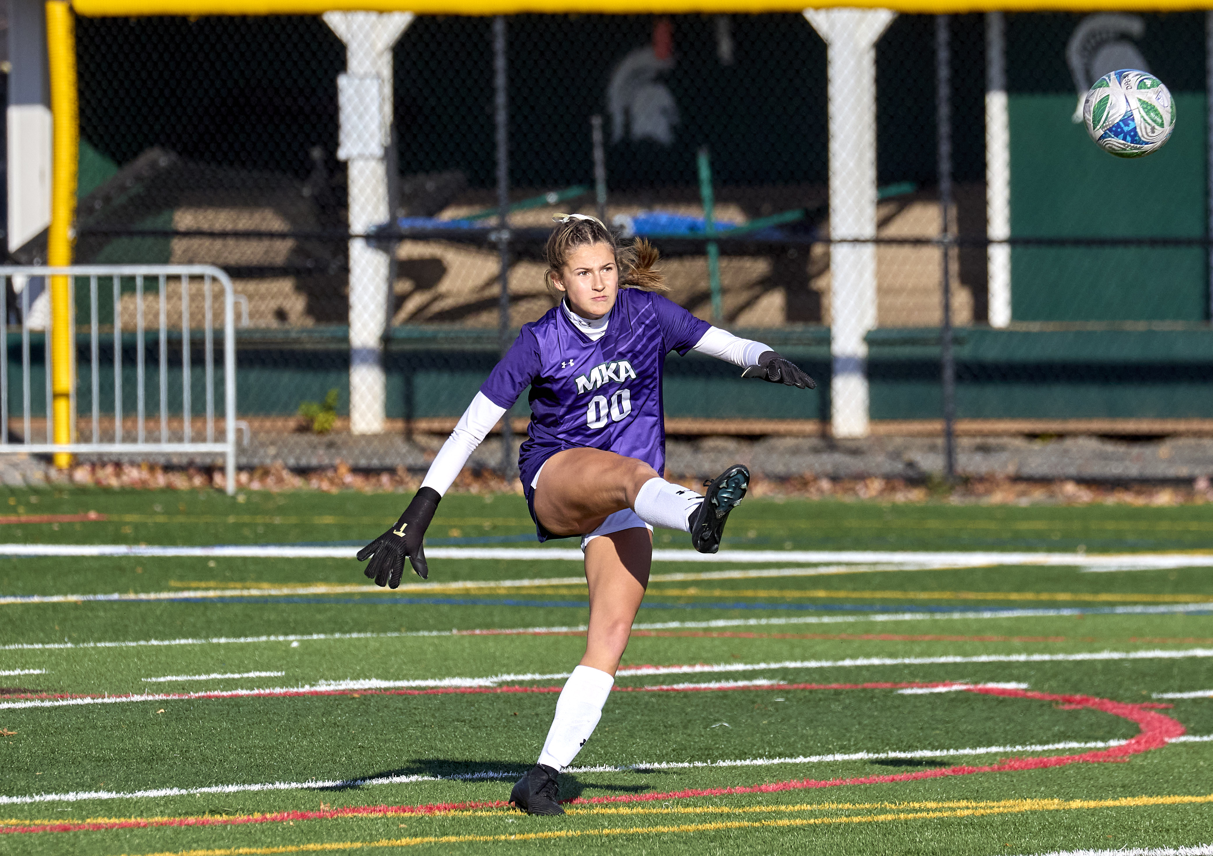 Goalie Oliva Davis (00) of Montclair Kimberley kicks up field against DePaul Catholic during the Girls North, NPB Final at DePaul Catholic High School in Wayne on Thursday, November 13, 2025.  