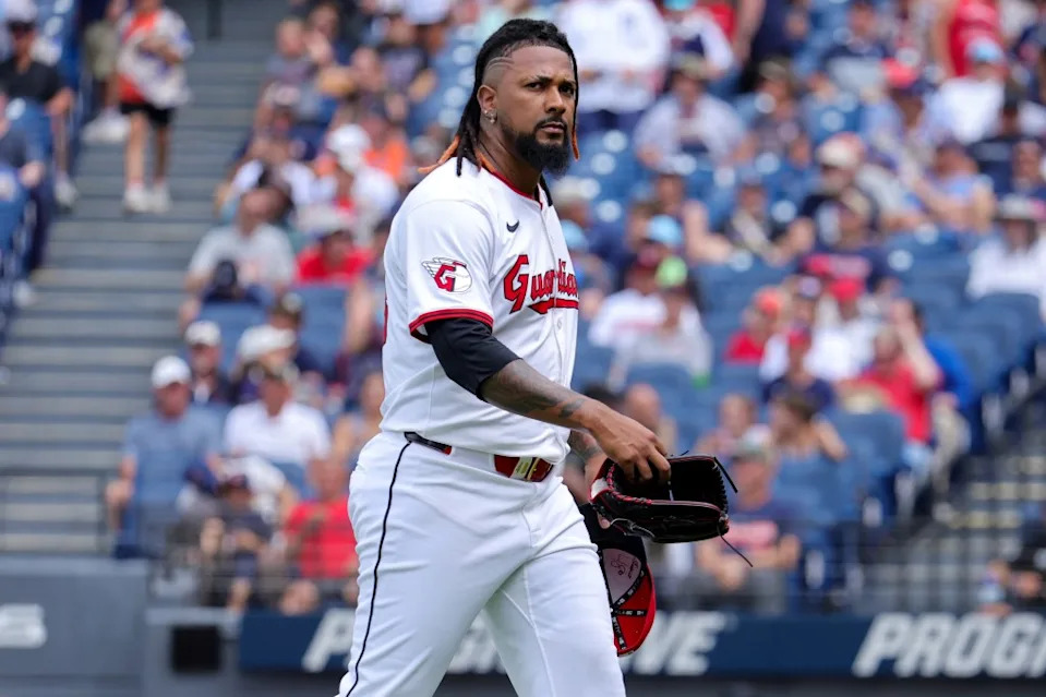Cleveland Guardians relief pitcher Emmanuel Clase (48) reacts as he leaves the mound following the ninth inning of the Major League Baseball game between the Detroit Tigers and Cleveland Guardians on July 6, 2025, at Progressive Field in Cleveland, OH. Icon Sportswire via Getty Images