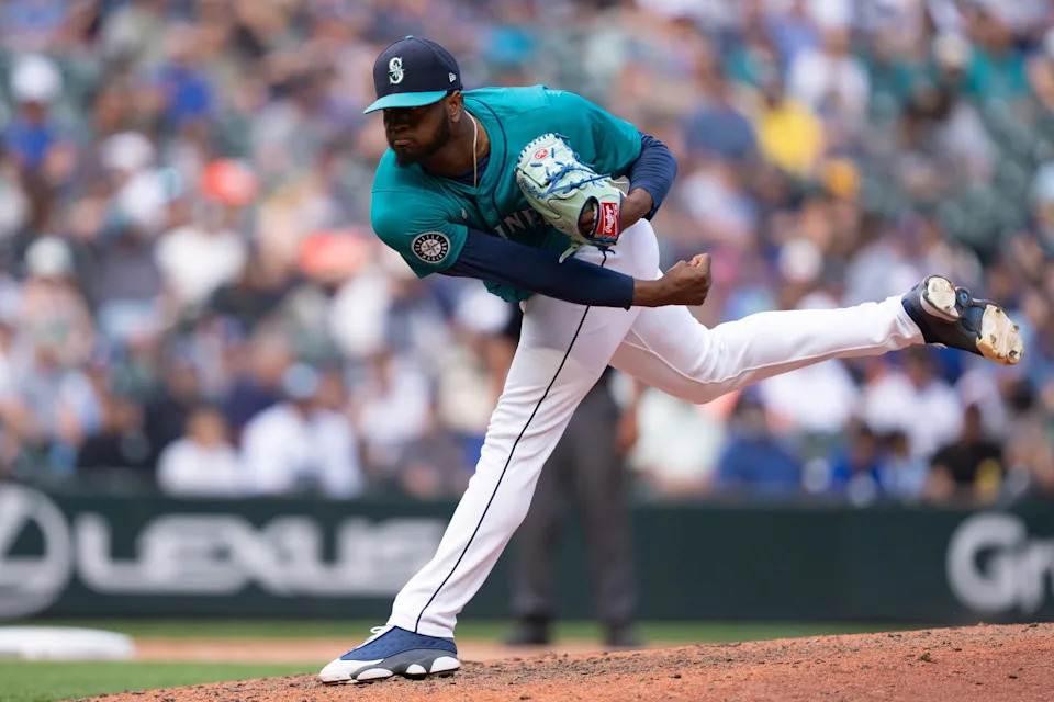 Seattle Mariners reliever Gregory Santos (48) delivers a pitch during the eighth inning against the Los Angeles Angels at T-Mobile Park. Stephen Brashear-Imagn Images