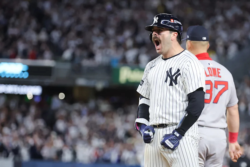 Oct 1, 2025; Bronx, New York, USA; New York Yankees catcher Austin Wells (28) celebrates after hitting an hits an RBI single during the eighth inning against the Boston Red Sox during game two of the Wildcard round for the 2025 MLB playoffs at Yankee Stadium. Mandatory Credit: Brad Penner-Imagn Images