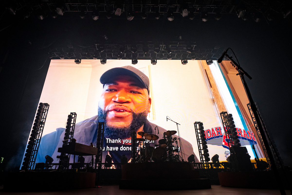 November 20, 2025, Boston, MA: Former Boston Red Sox player David Ortiz speaks during a video during a Noah Kahan benefit concert for the Busyhead Project and Red Sox Foundation at MGM Music Hall in Boston, Massachusetts Thursday, November 20, 2025.  
(Photo by Rachel O’Driscoll/Boston Red Sox)