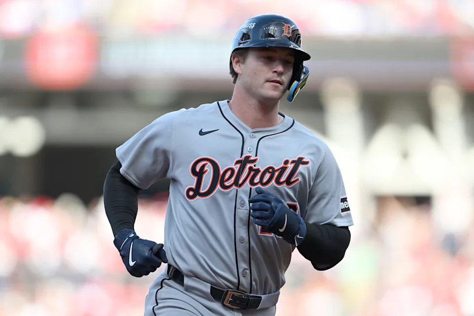Dillon Dingler #13 of the Detroit Tigers rounds the bases after hitting a home run during the sixth inning to give the Tigers a 2-1 lead against the Cleveland Guardians in Game 3 of the American League Wild Card Series at Progressive Field on Oct. 2, 2025 in Cleveland, Ohio. (Photo by Nick Cammett/Getty Images)