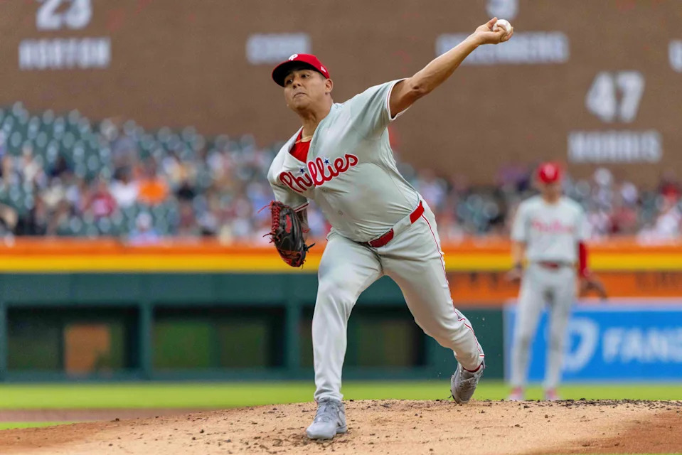Philadelphia Phillies starting pitcher Ranger Suarez (55) pitches in the first inning against the Detroit Tigers at Comerica Park in Detroit on Tuesday, June 25, 2024.