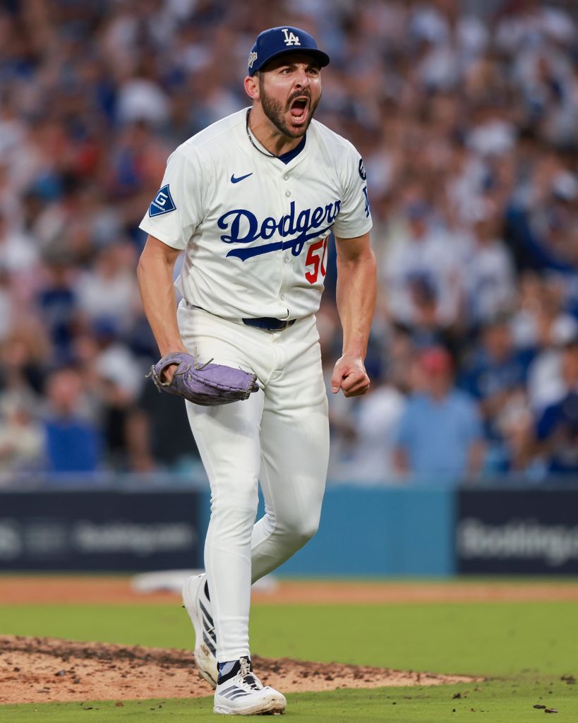 Alex Vesia #51 of the Los Angeles Dodgers reacts during Game Four of the National League Division Series 