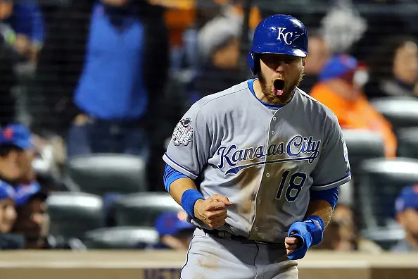 NEW YORK, NY – NOVEMBER 01: Ben Zobrist #18 of the Kansas City Royals celebrates after scoring a run off of a three run RBI double hit by Lorenzo Cain #6 to also scoring Alcides Escobar #2 and Paulo Orlando #16 in the twelfth inning against Bartolo Colon #40 of the New York Mets during Game Five of the 2015 World Series at Citi Field on November 1, 2015 in the Flushing neighborhood of the Queens borough of New York City. (Photo by Elsa/Getty Images)