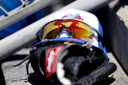 Jul 27, 2025; Detroit, Michigan, USA; Toronto Blue Jays cap in the dugout in the first inning against the Detroit Tigers at Comerica Park. Mandatory Credit: Rick Osentoski-Imagn Images