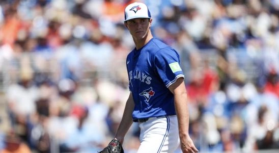 Mar 13, 2025; Dunedin, Florida, USA; Toronto Blue Jays pitcher Easton Lucas (62) leaves the game against the Baltimore Orioles in the second inning during spring training at TD Ballpark. Mandatory Credit: Nathan Ray Seebeck-Imagn Images