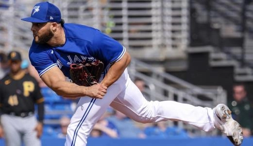 Mar 25, 2023; Dunedin, Florida, USA; Toronto Blue Jays pitcher Junior Fernandez (63) throws a pitch during the fourth inning ]against the Detroit Tigers at TD Ballpark. Mandatory Credit: Kim Klement-Imagn Images