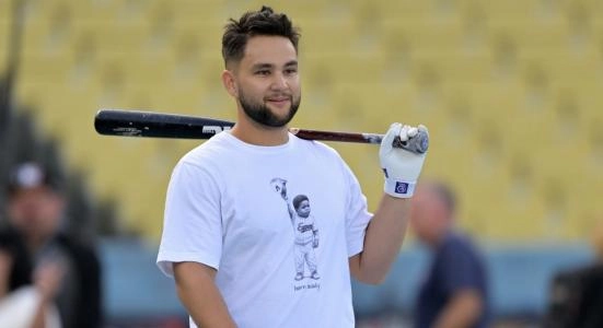 Oct 26, 2025; Los Angeles, CA, USA; Toronto Blue Jays shortstop Bo BIchette (11) takes batting practice during World Series workouts prior to game three against the Los Angeles Dodgers at Dodger Stadium. Mandatory Credit: Jayne Kamin-Oncea-Imagn Images