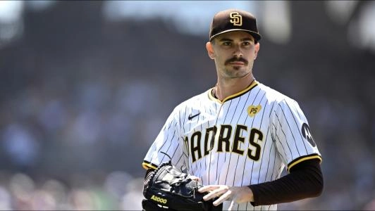 Jun 26, 2024; San Diego, California, USA; San Diego Padres starting pitcher Dylan Cease (84) looks on after pitching the top of the seventh inning against the Washington Nationals at Petco Park. Mandatory Credit: Orlando Ramirez-Imagn Images