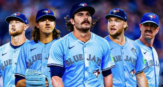 Toronton Blue Jays starting pitchers from left to right. Eric Lauer, Kevin Gausman, Dylan Cease, Trey Yesavage and Shane Bieber.