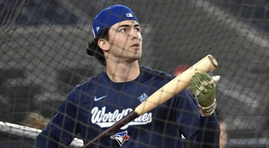 Oct 23, 2025; Toronto, ON, Canada; Toronto Blue Jays outfielder Joey Loperfido (10) takes batting practice during media day and team workouts at Rogers Centre. Mandatory Credit: Dan Hamilton-Imagn Images