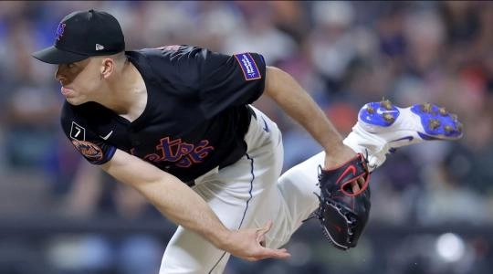 Aug 1, 2025; New York City, New York, USA; New York Mets relief pitcher Ryan Helsley (56) follows through on a pitch against the San Francisco Giants during the ninth inning at Citi Field. Mandatory Credit: Brad Penner-Imagn Images
