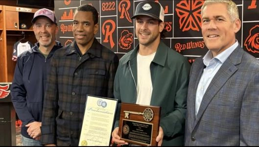Toronto Blue Jays infielder Ernie Clement poses with the Key to Monroe County on Saturday, Nov. 29, 2025. (X/Adam J. Bello)