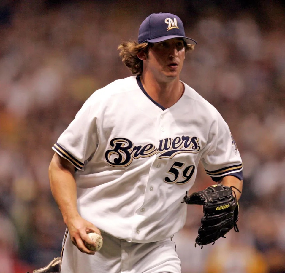 Brewer pitcher Derrick Turnbow scores the last out to save the game in the 9th during the Milwaukee Brewers-New York Yankees baseball game at Miller Park, Tuesday, June 7, 2005.