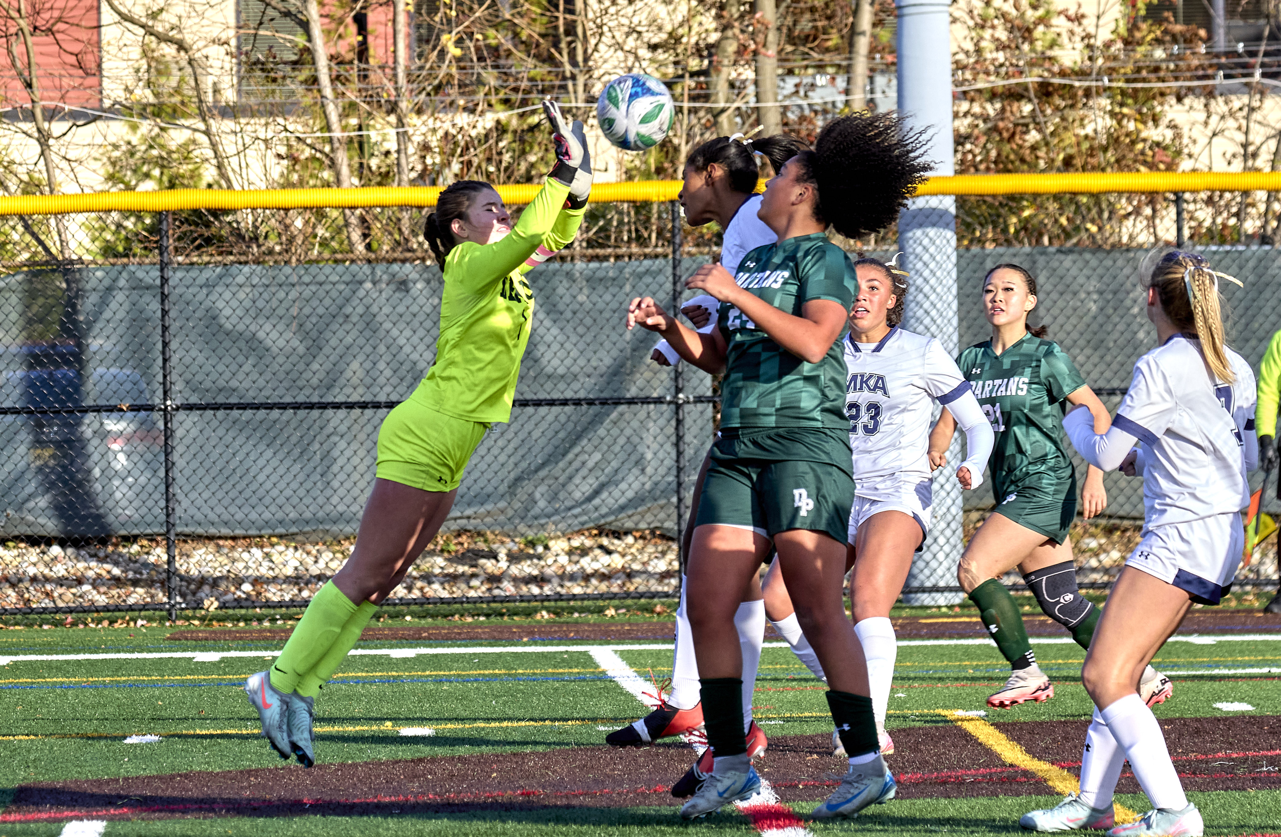Goalie Ella Guarini (1) of DePaul Catholic blocks a goal attempt by Nahlia Udofia (11) of Montclair Kimberley during the Girls North, NPB Final at DePaul Catholic High School in Wayne on Thursday, November 13, 2025.  