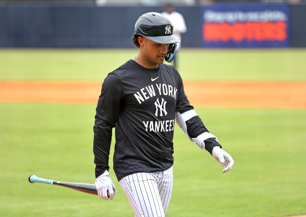 New York Yankees Everson Pereira #80, after hitting live batting practice during todayâs workout at Steinbrenner Field in Tampa, Florida.
