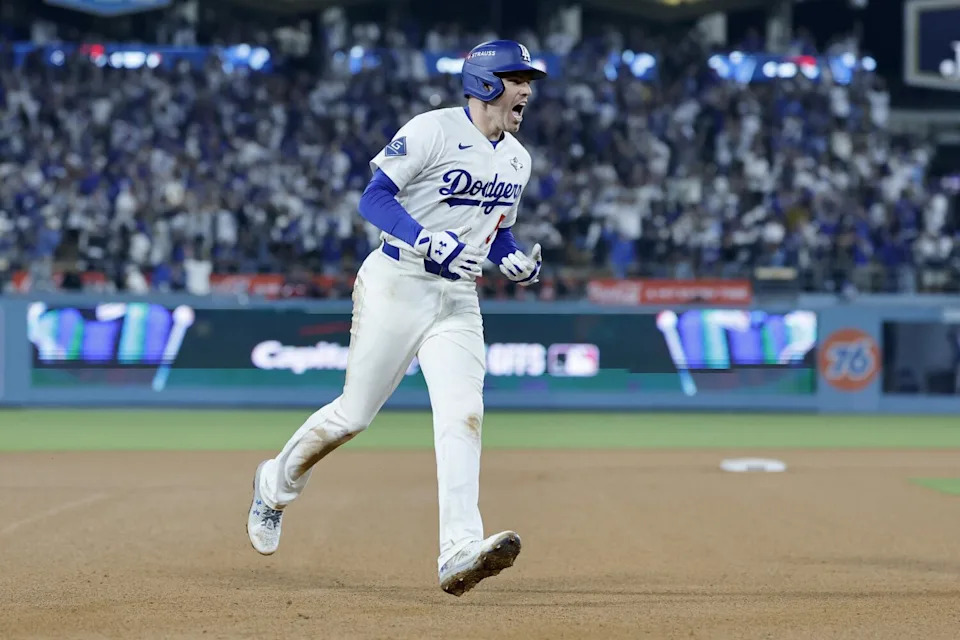 Dodgers first baseman Freddie Freeman reacts to his walk-off home run in the 18th inning in Game 3 of the World Series.