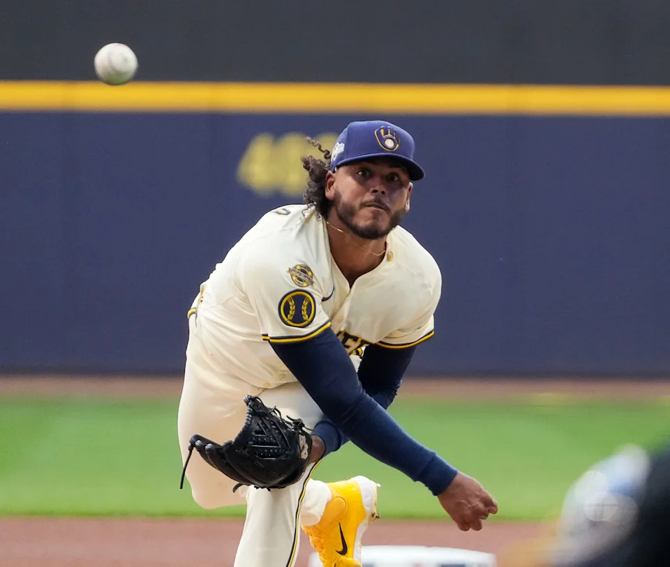 Milwaukee Brewers pitcher Freddy Peralta (51) pitches during the first inning of the National League Division Series game against the Chicago Cubs on Saturday October 4, 2025 at American Family Field in Milwaukee, Wisconsin.